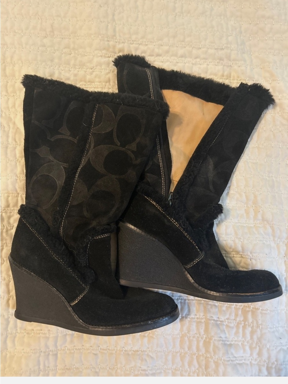 Coach Black Suede Logo Wedge Boots with Faux Fur Trim